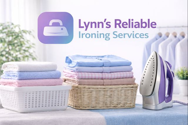 Neatly folded laundry with an iron and hanging shirts