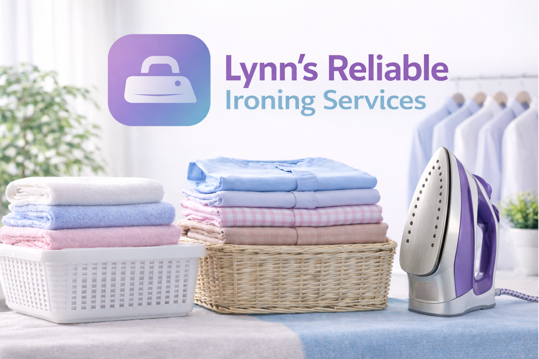 Neatly folded laundry with an iron and hanging shirts